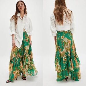 Free People Palermo Villa Chiffon Floral Maxi Skirt Emerald Combo